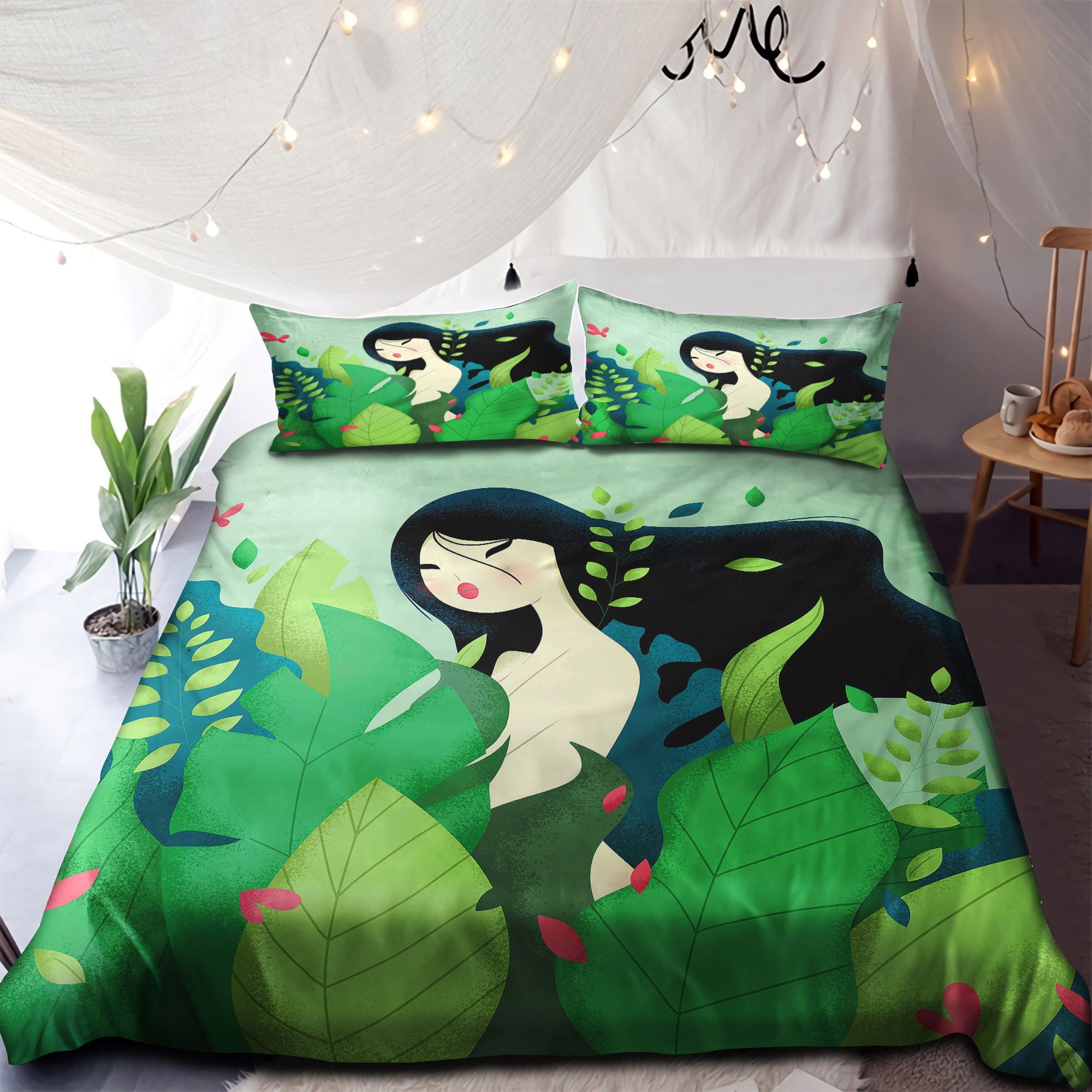 Woman Standing Behind Bright Leaves And Plants Bedding Set