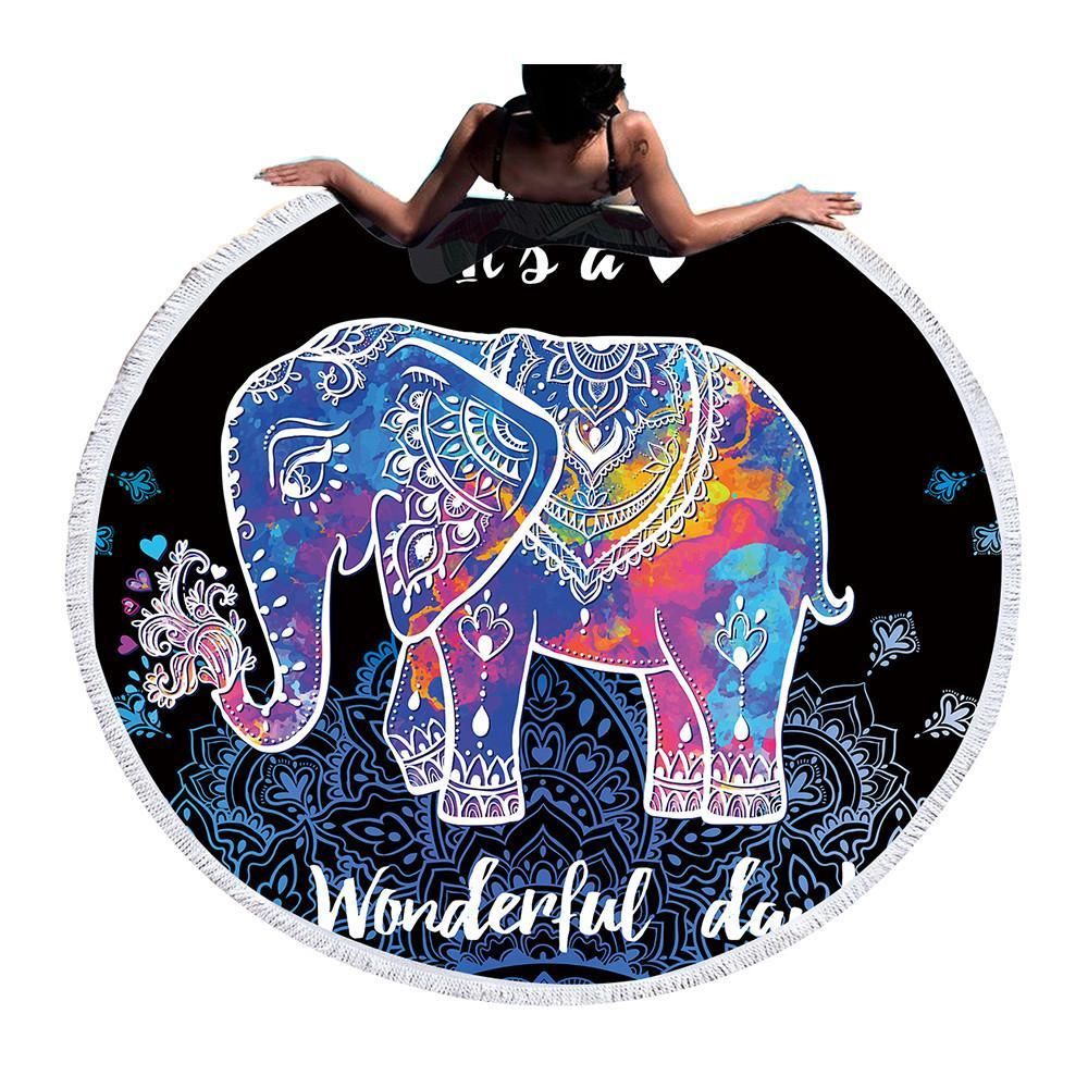 Wonderful Elephant Mandala Pattern On Black Printed Round Beach Towel