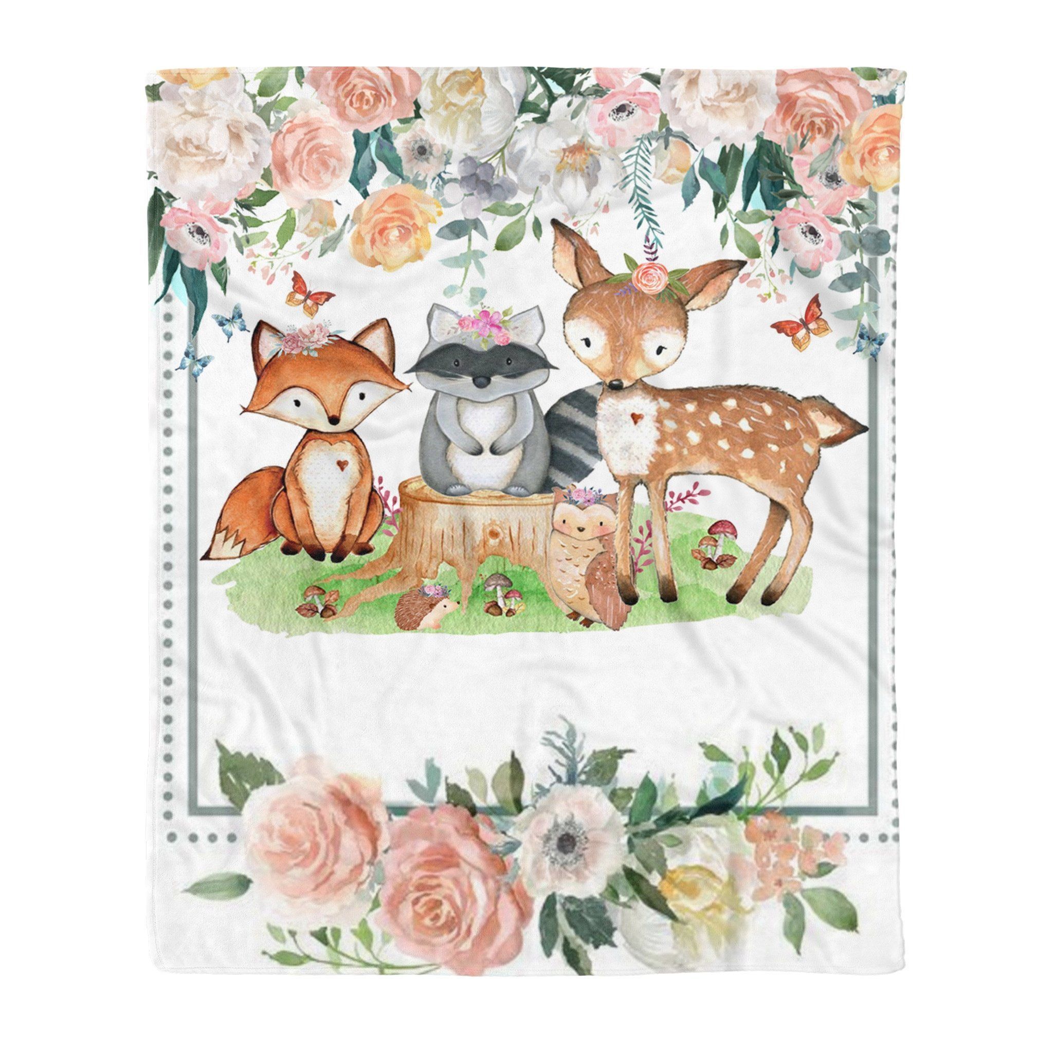 Woodland Fox Raccoon Deer Floral Sherpa Fleece Blanket