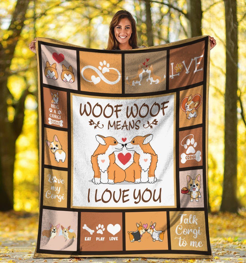 Woof Woof Means I Love You Corgi Dog Fleece Blanket