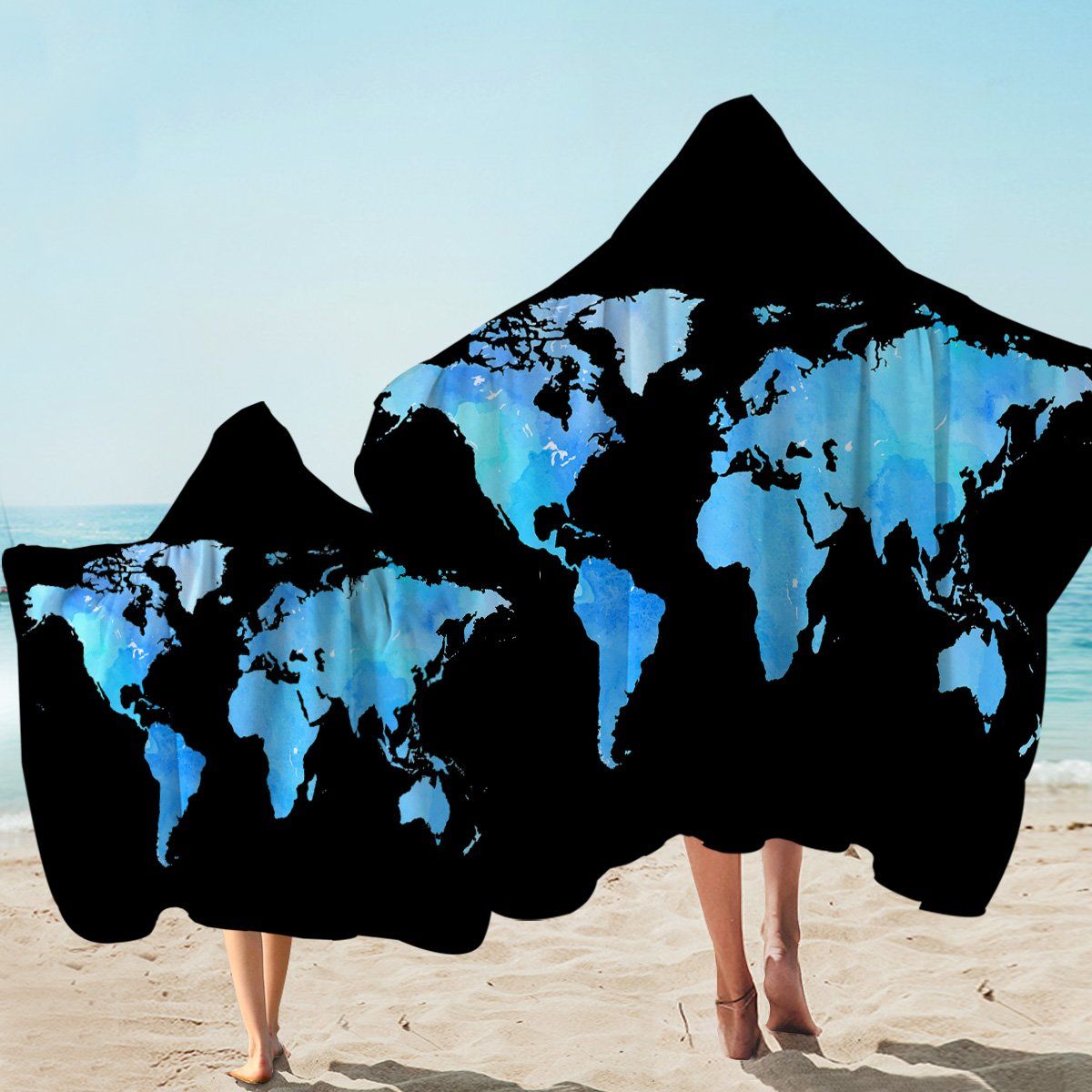 World Map Black Blue Black Pattern Hooded Towel