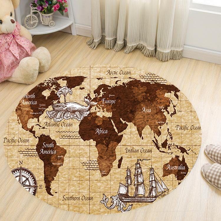 World Map Brown Theme Round Carpet