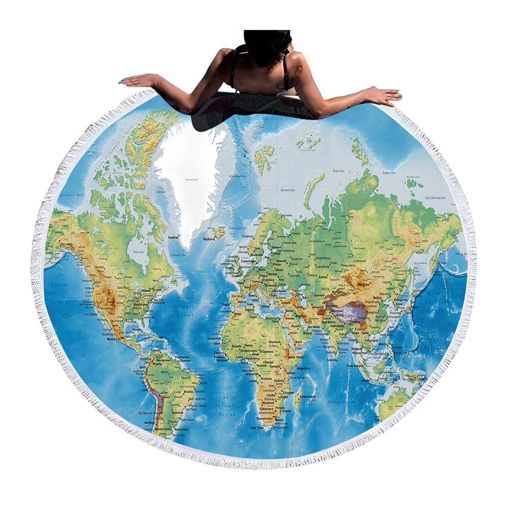 World Map Let’s Go Travel Printed Round Beach Towel