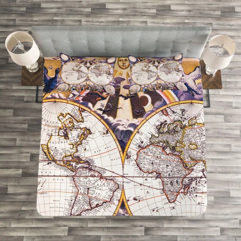 World Map Sun Sky Birds Clouds Bedding Set
