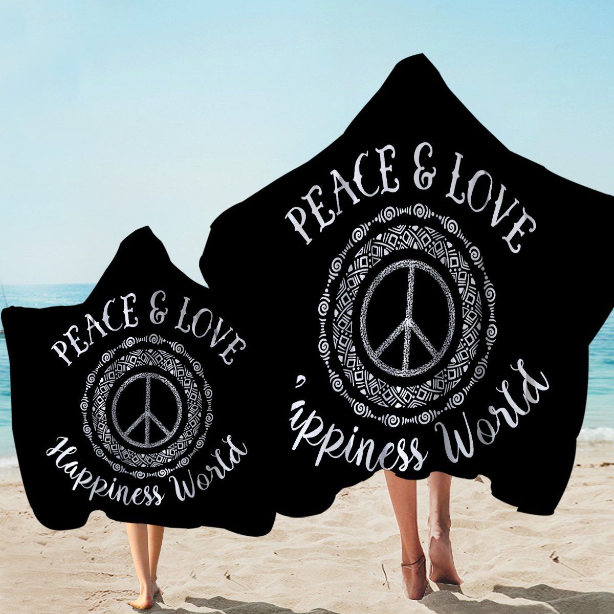 World Peace And Love Black Printed Hooded Towel