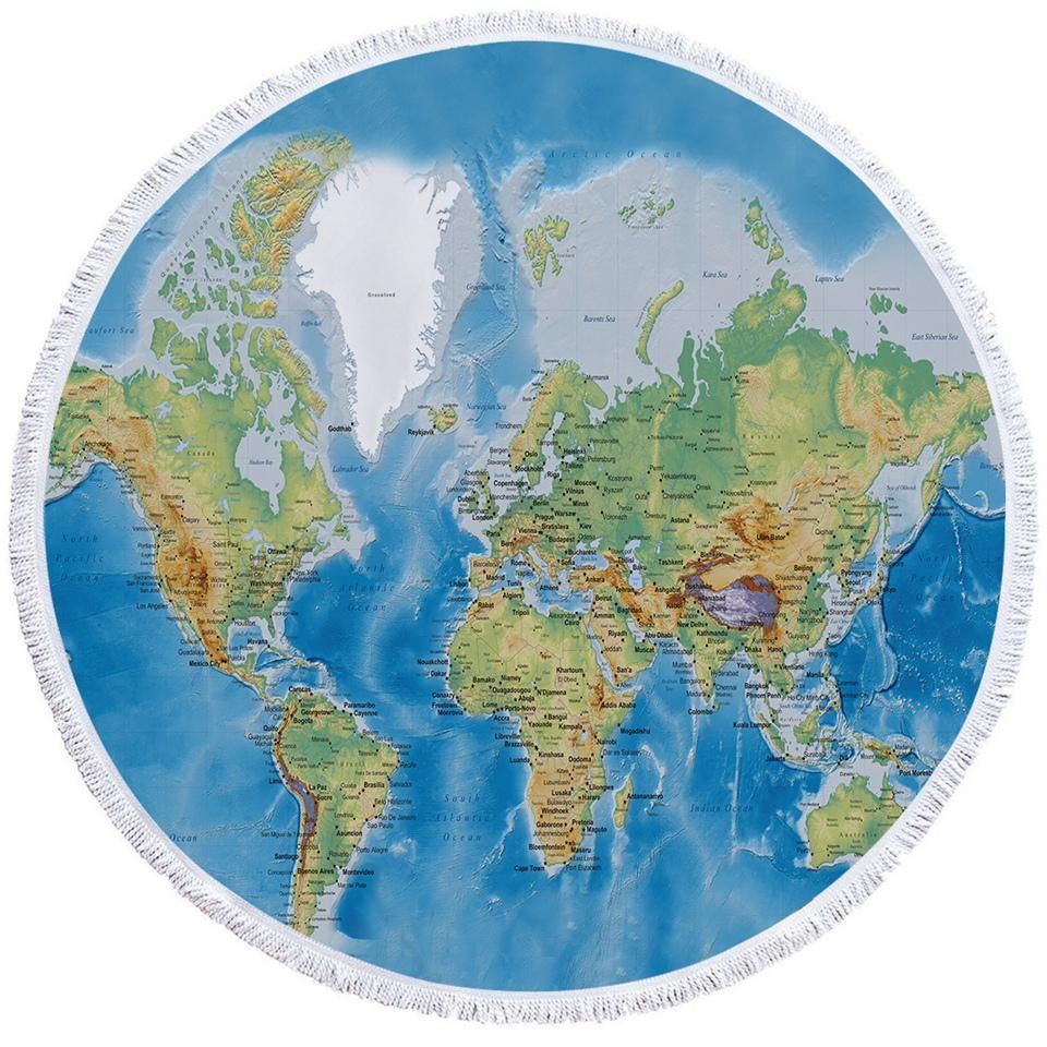 World’s Map Go To Travel Printed Round Beach Towel