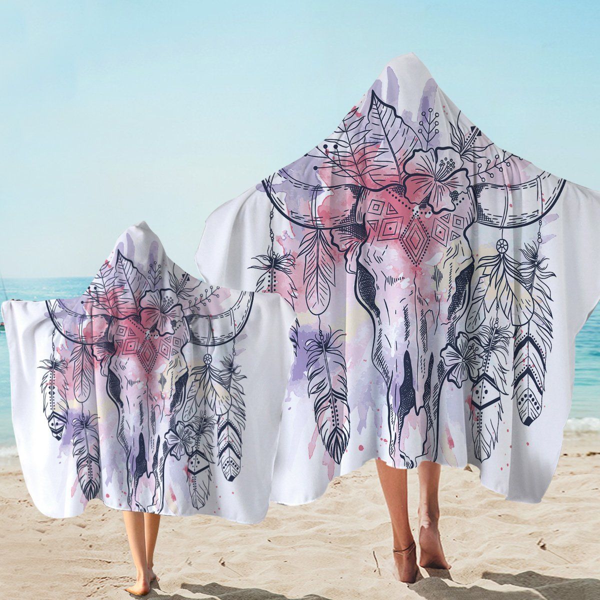 Wounded Trophy Head And Feather Printed Hooded Towel