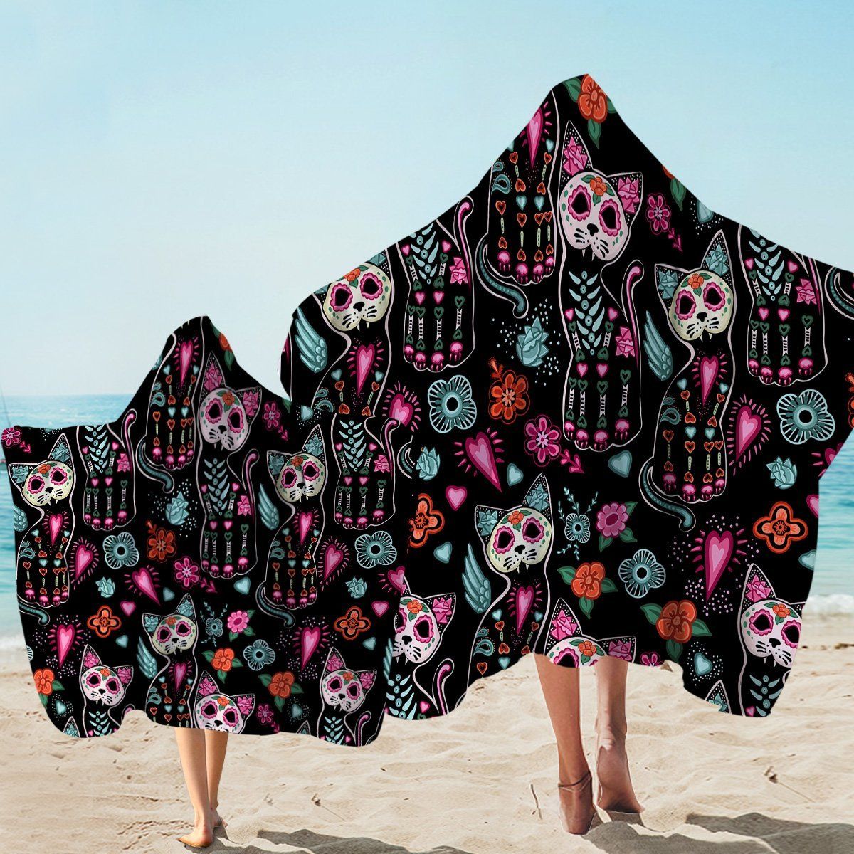 X-rayed Cats Pattern On Black Printed Hooded Towel