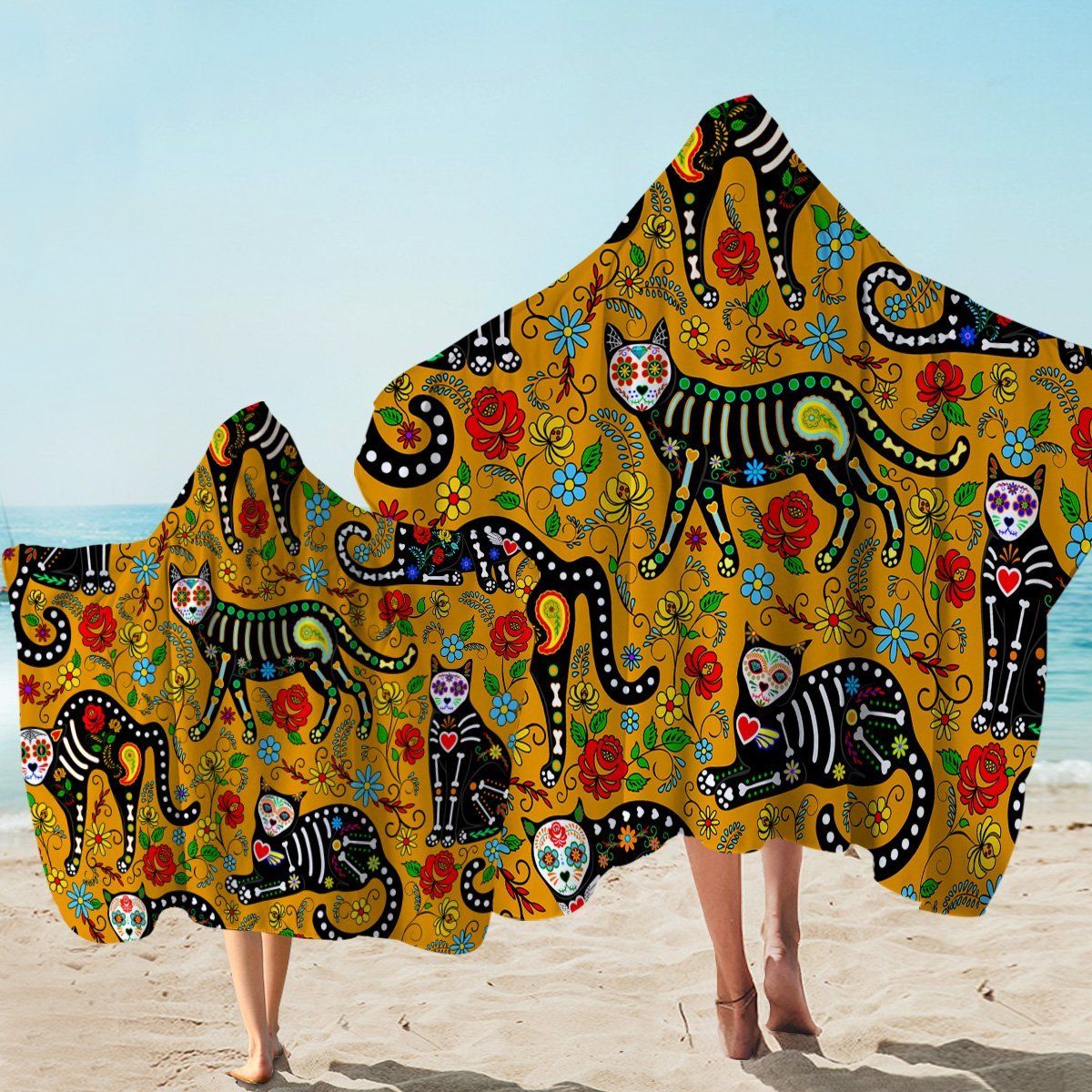 X-rayed Cats Yellow Printed Hooded Towel