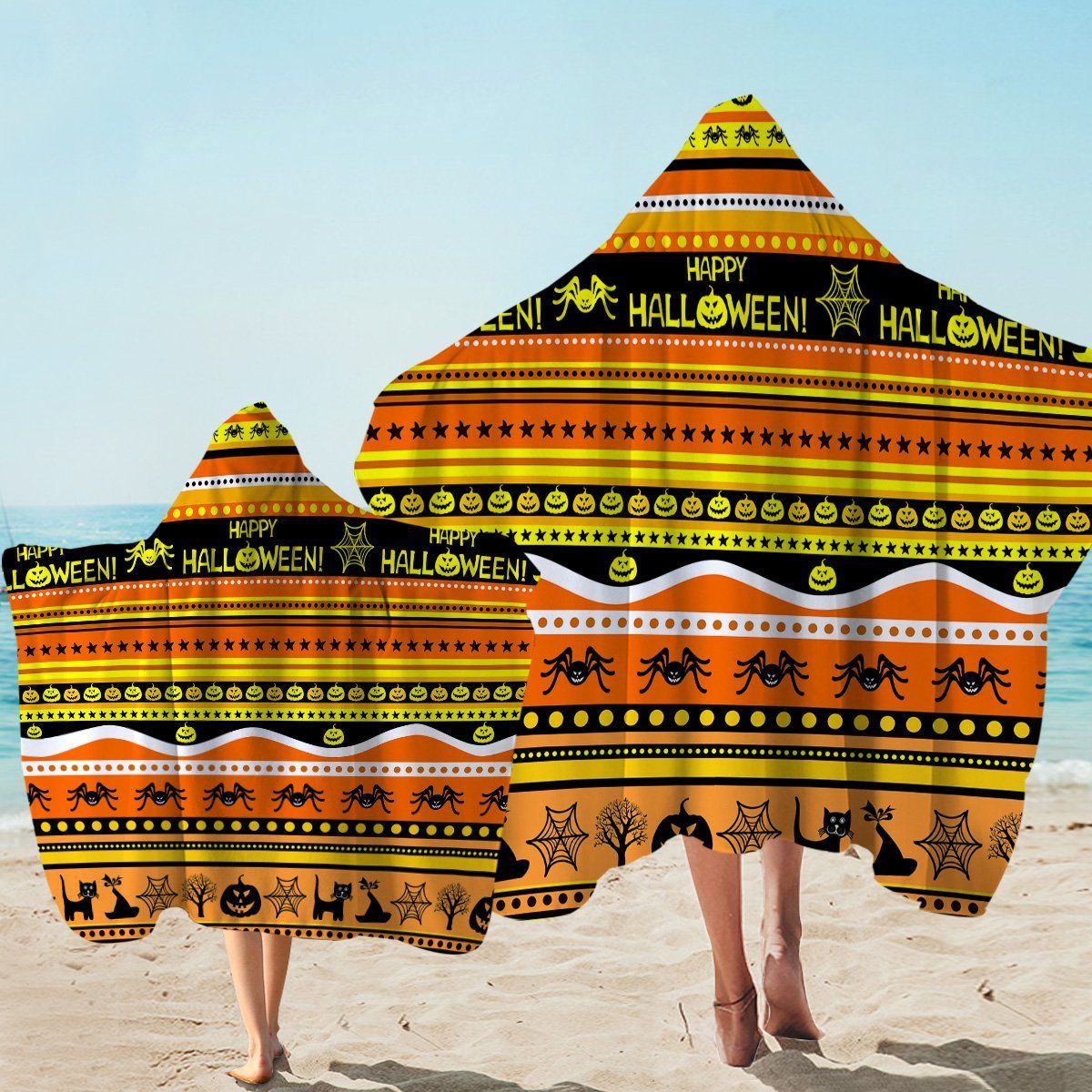 Yellow And Brown Line Decoration Halloween Printed Hooded Towel