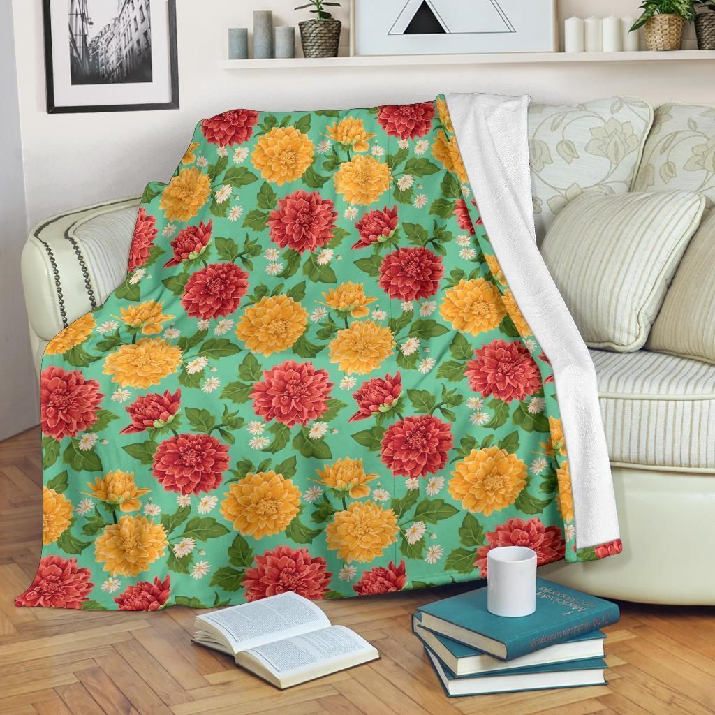 Yellow And Pink Dahlia Pattern Print Design Fleece Blanket
