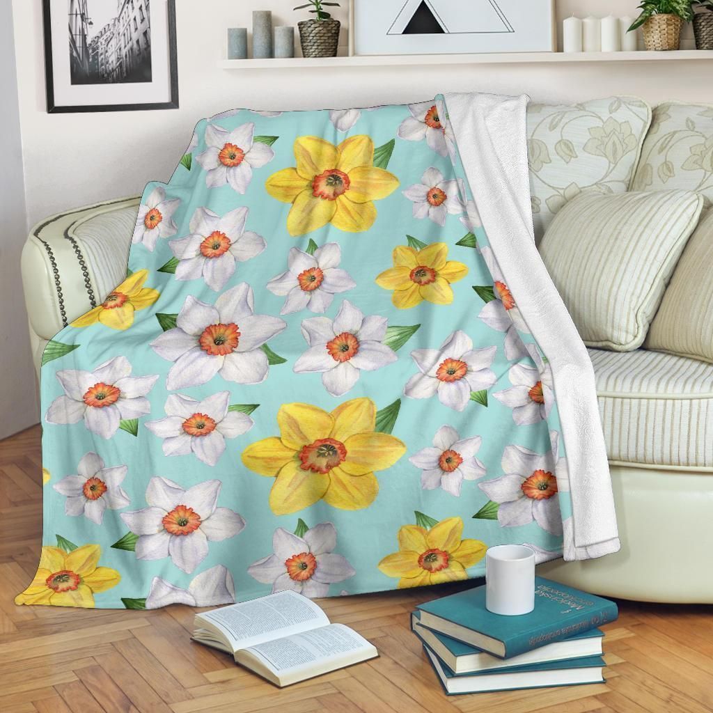 Yellow And White Daffodils Pattern Print Design Fleece Blanket