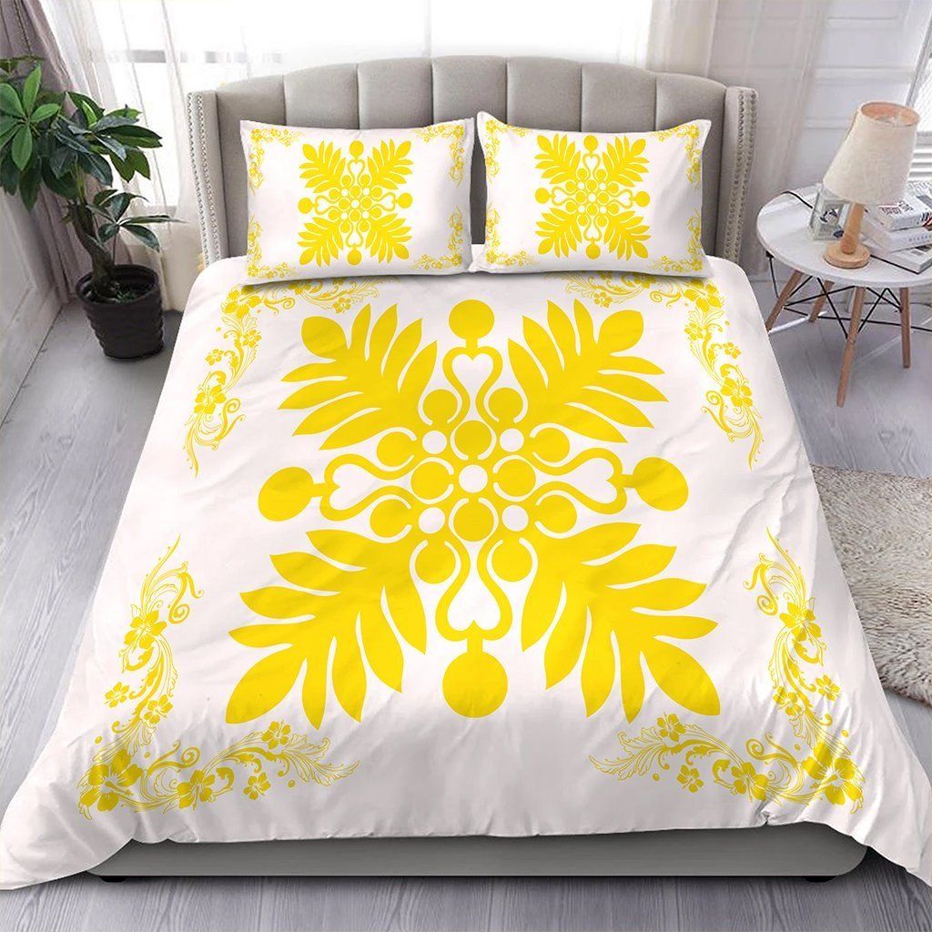 Yellow And White Plant And Hibiscus Pattern Bedding Set