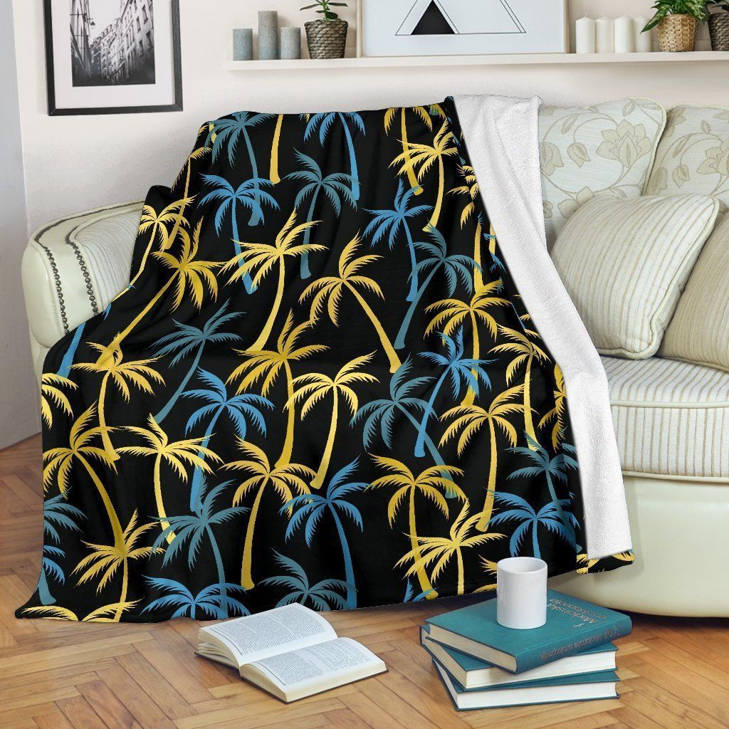 Yellow Blue Palm Tree Pattern Printed Fleece Blanket