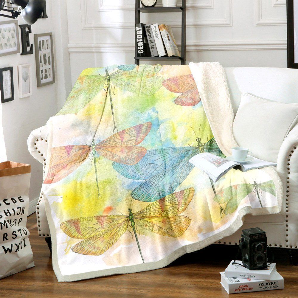 Yellow Dragonfly Sherpa Fleece Blanket