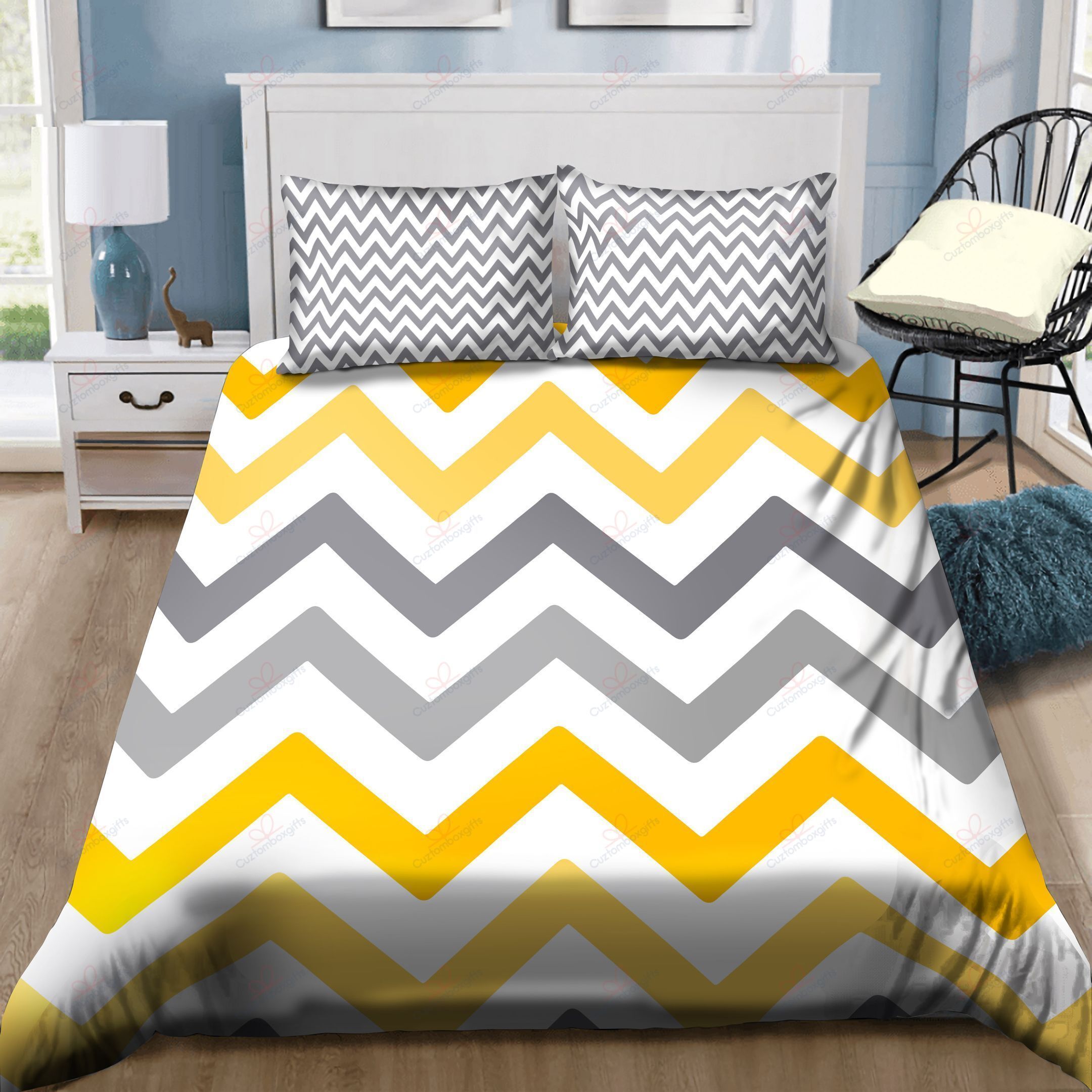 Yellow Grey Chevron Bedding Set