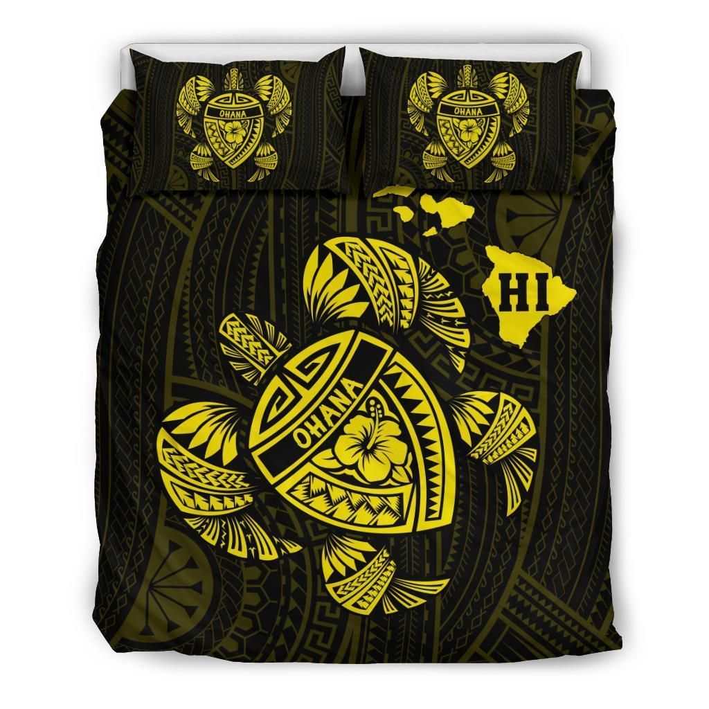 Yellow Hawaiian Map Turtle Ohana Hibiscus Polynesian Bedding Set