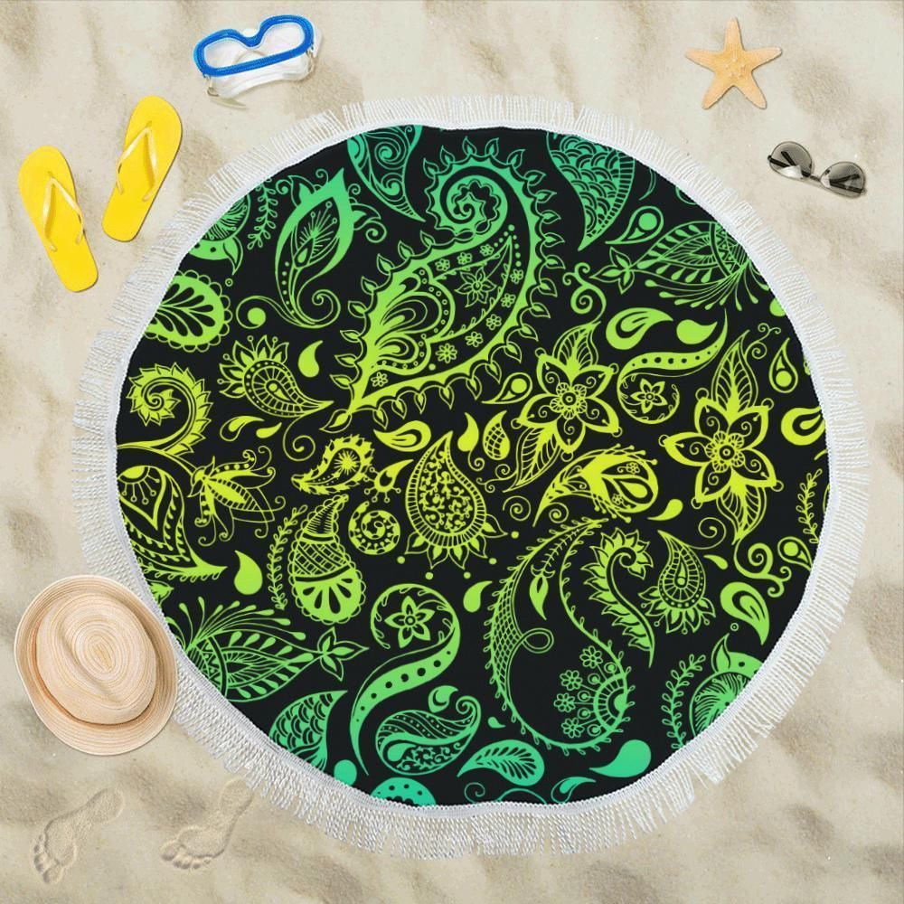 Yellow Paisley Green Design Print Round Beach Towel