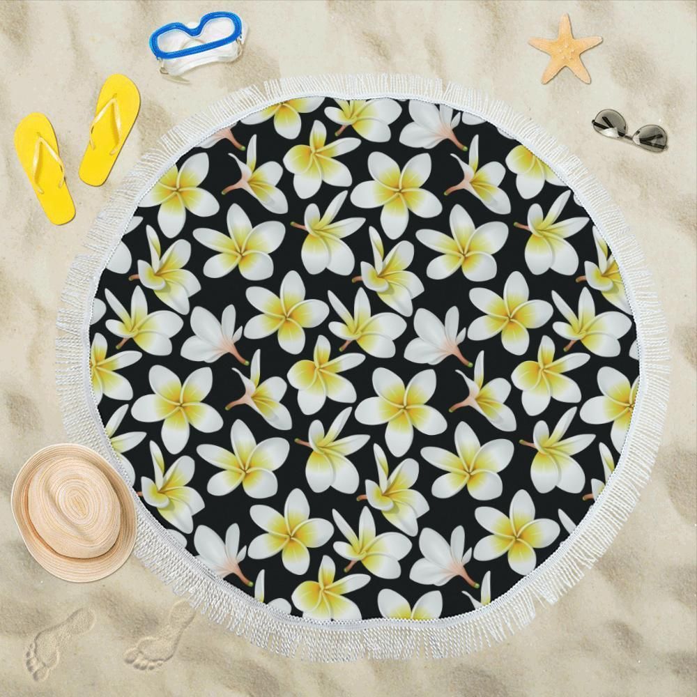 Yellow Plumeria Hawaiian Flowers Round Beach Towel