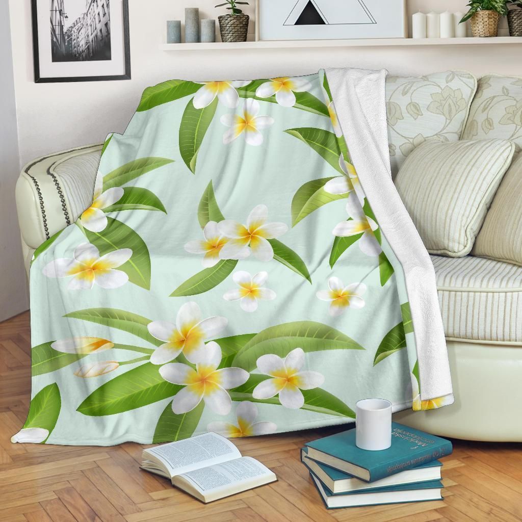 Yellow Plumeria Pattern Print Design Light Blue Fleece Blanket