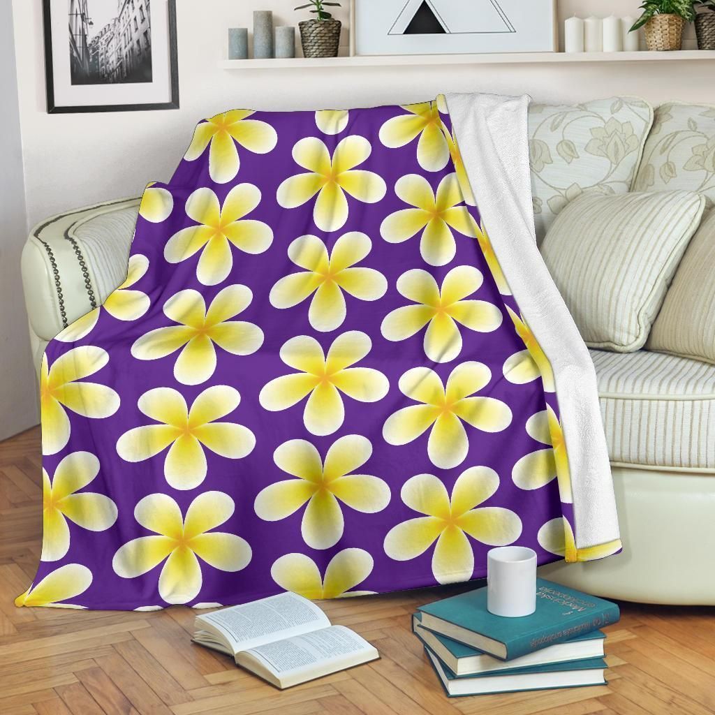 Yellow Plumeria Pattern Print Design Purple Fleece Blanket