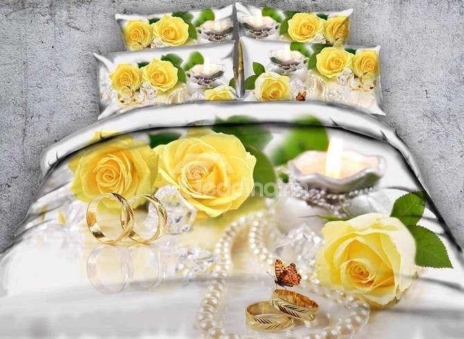 Yellow Rose And Butterfly 3D Bedding Set