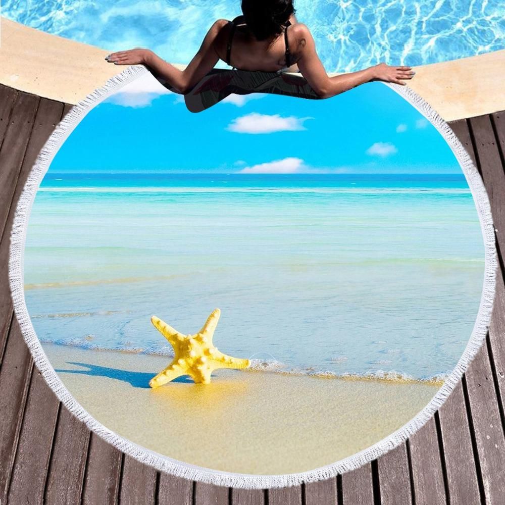 Yellow Starfish On Beach Printed Round Beach Towel