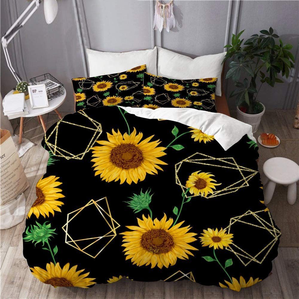 Yellow Sunflower Black Background Bedding Set