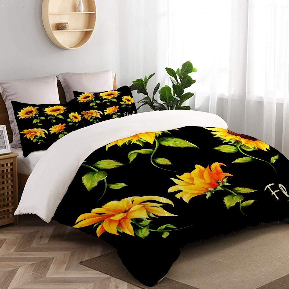 Yellow Sunflower Black Background Bedding Set