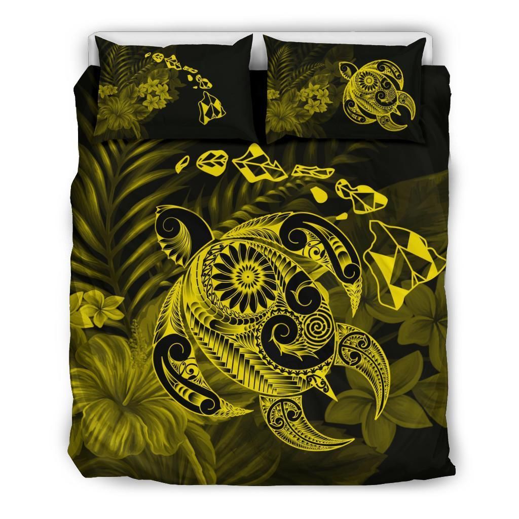 Yellow Turtle Tattoo Hibiscus Plumeria Polynesian Bedding Set