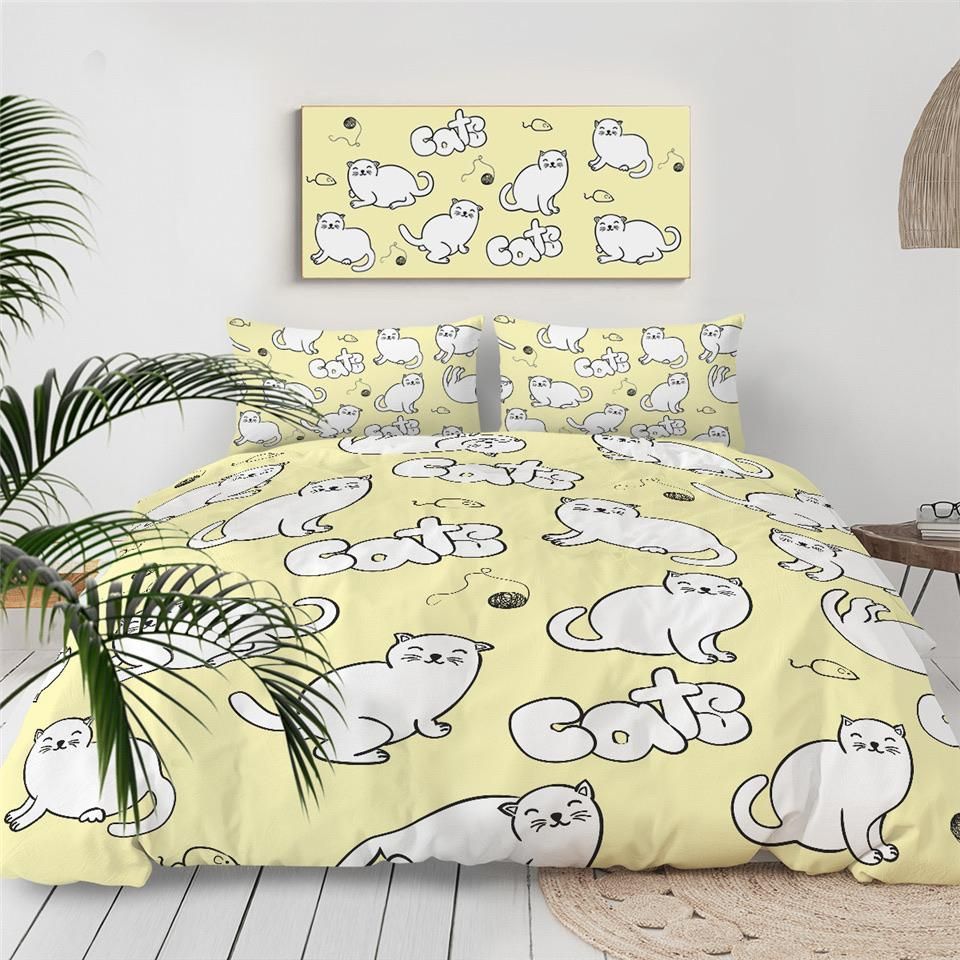 Yellow White Cats Bedding Set