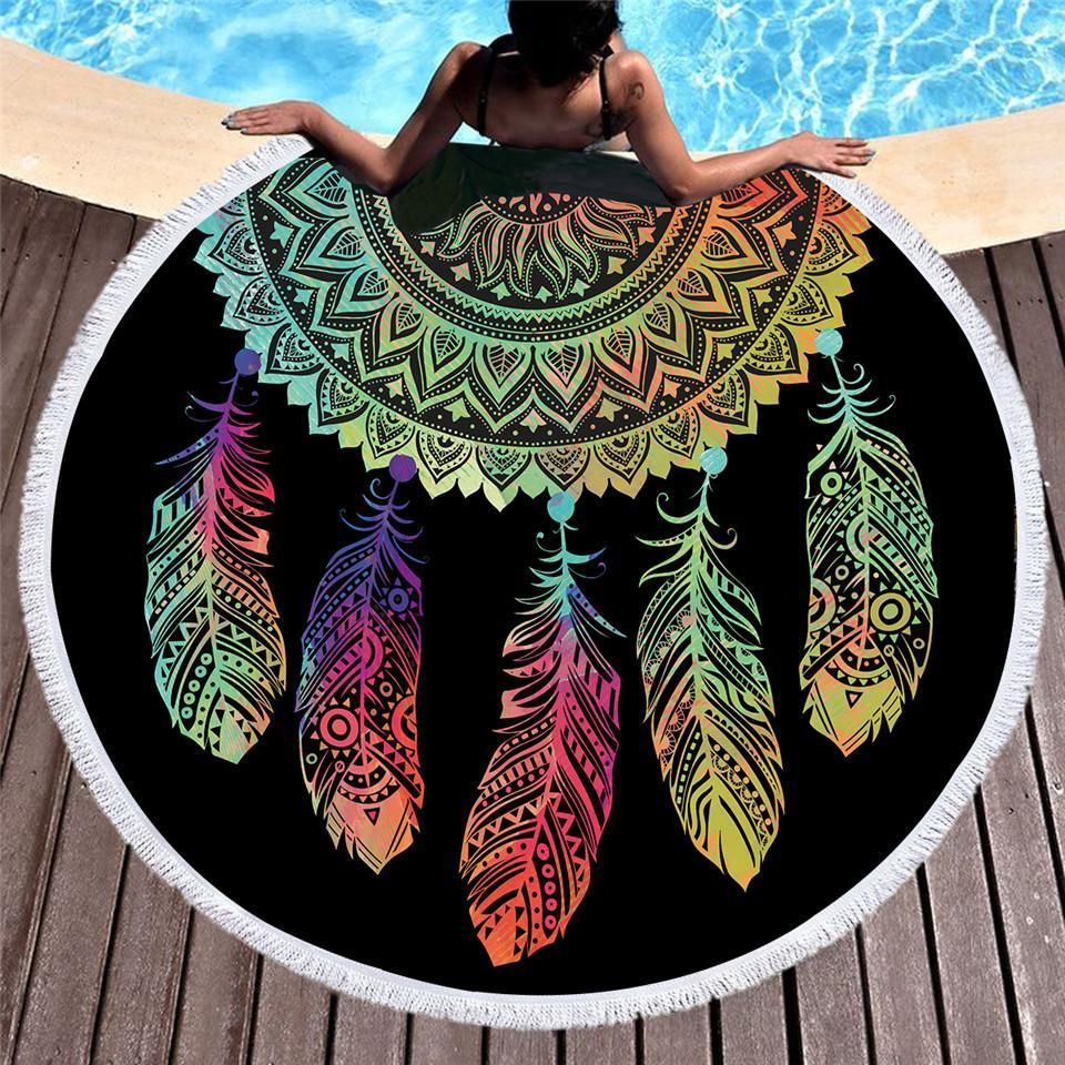 Yoga Colorful Mandala Style Feathers Printed Round Beach Towel