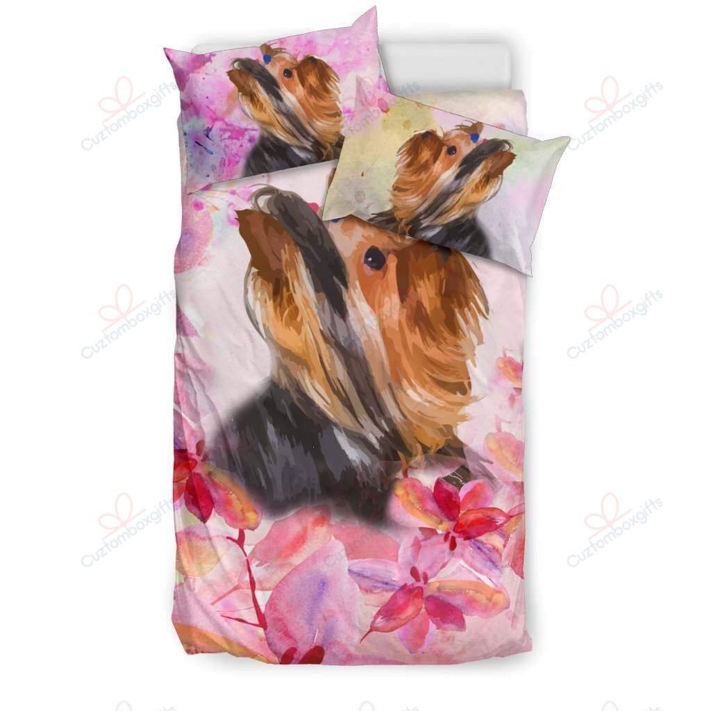 Yorkie And Cherry Blossom Bedding Set