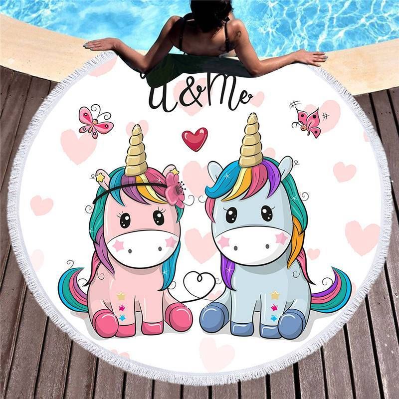 You And Me Unicorn Couple Printed Round Beach Towel