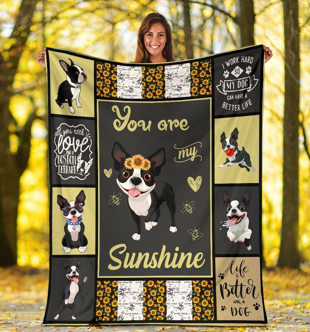 You Are My Sunshine Boston Terrier Dog Sunflower Fleece Blanket