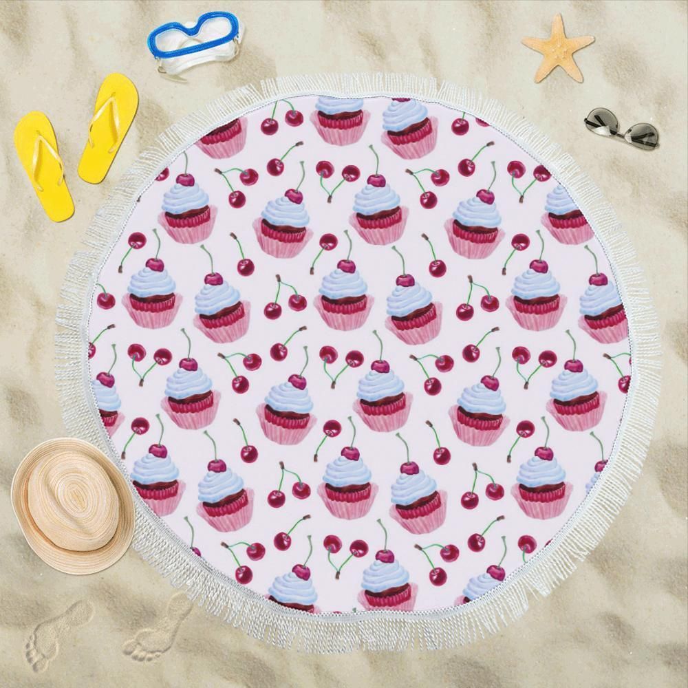 Yummy Cherry Cupcake Pink Pattern Round Beach Towel