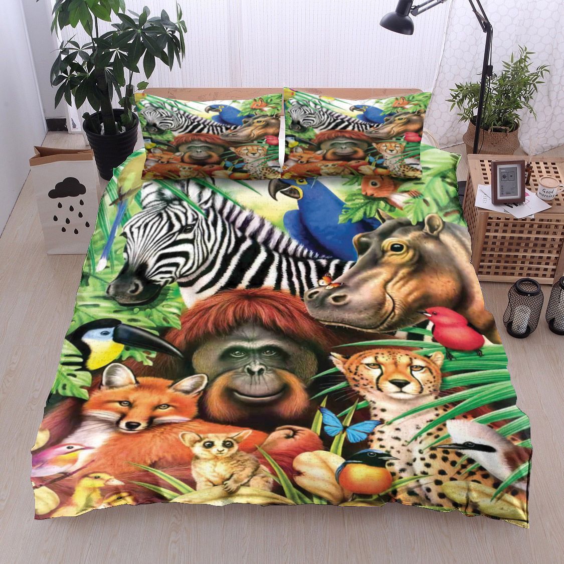 Zebra Fox Orangutan Parrot Hippo Leopard Bedding Set