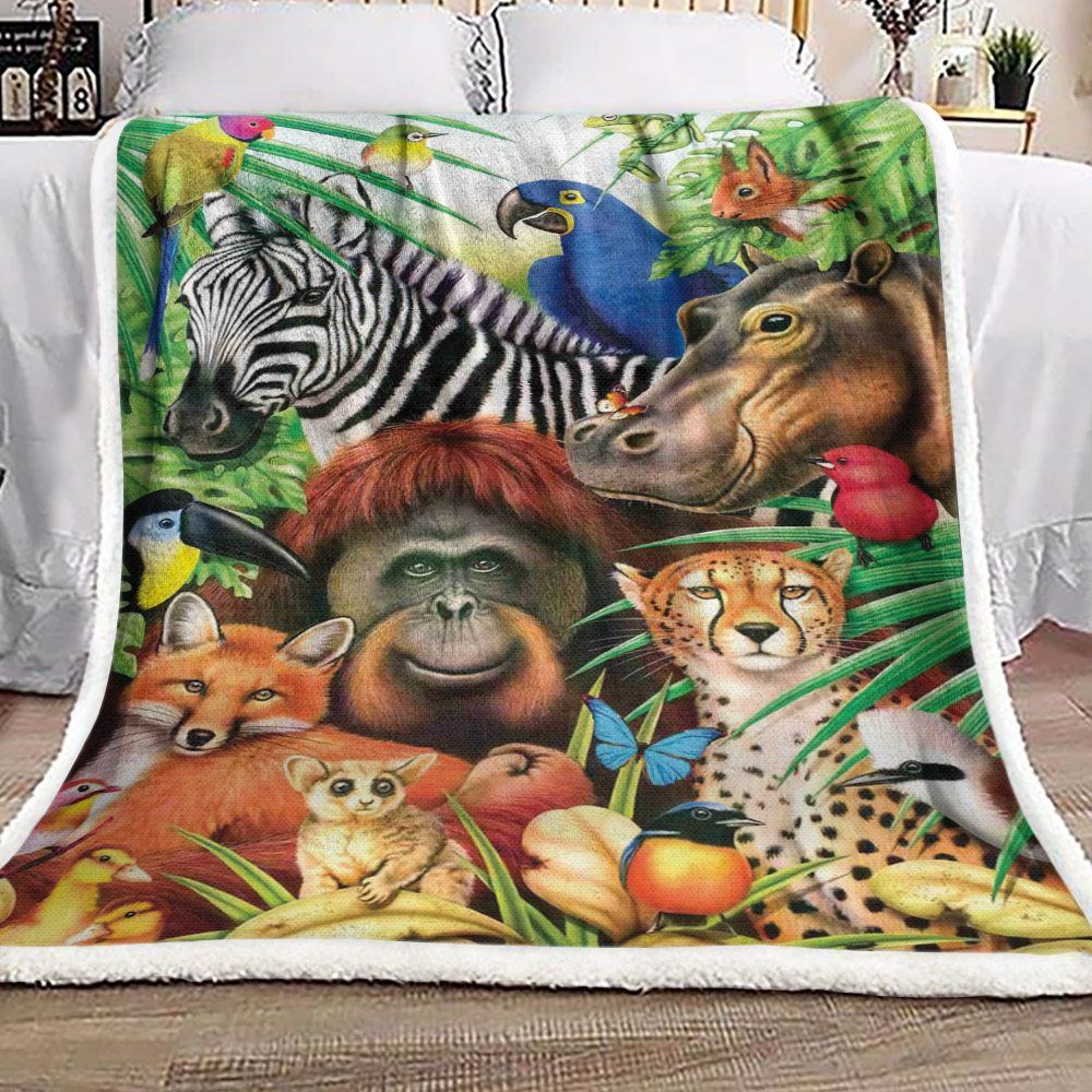 Zebra Fox Orangutan Parrot Hippo Leopard Sherpa Fleece Blanket