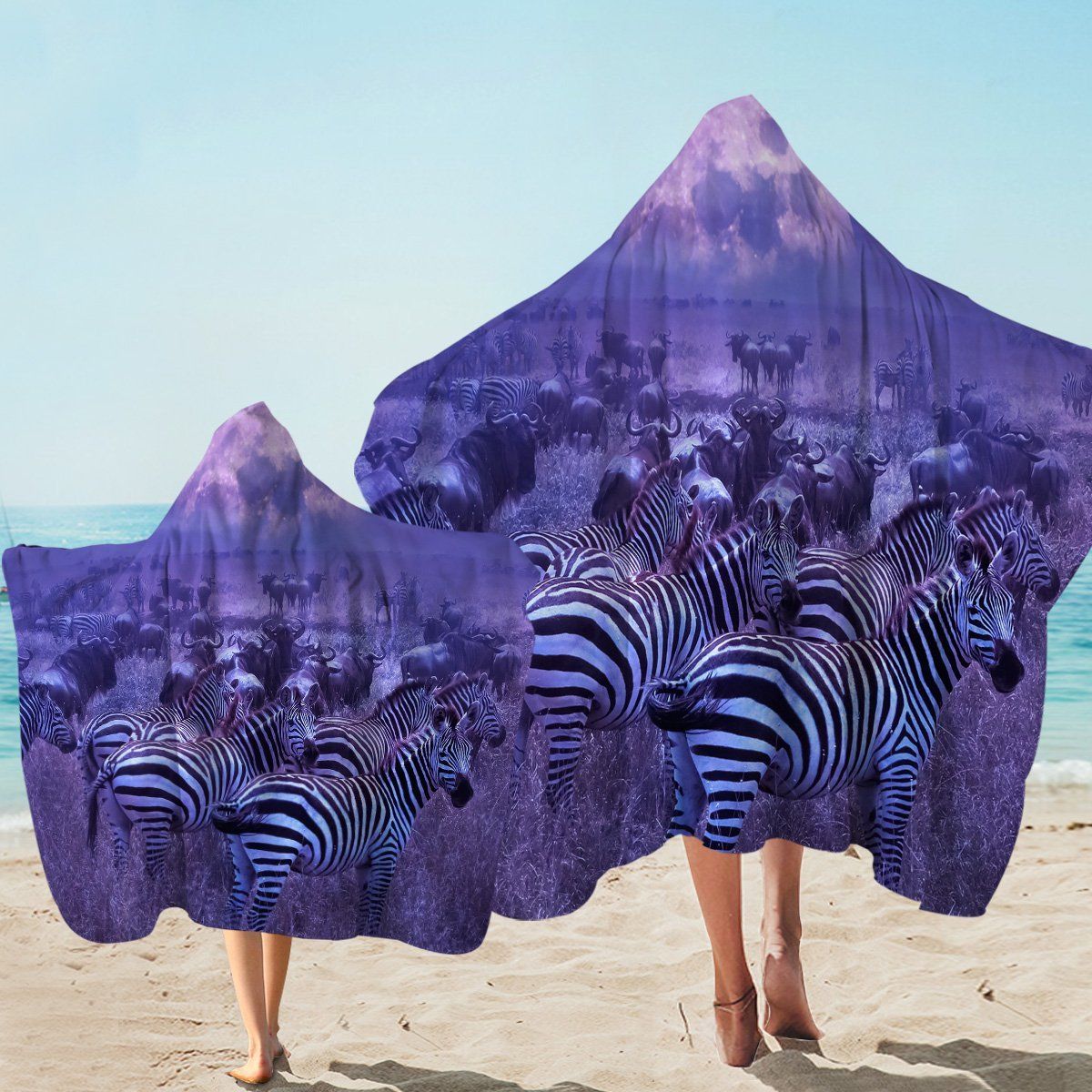 Zebra Purplish Savanna Printed Hooded Towel