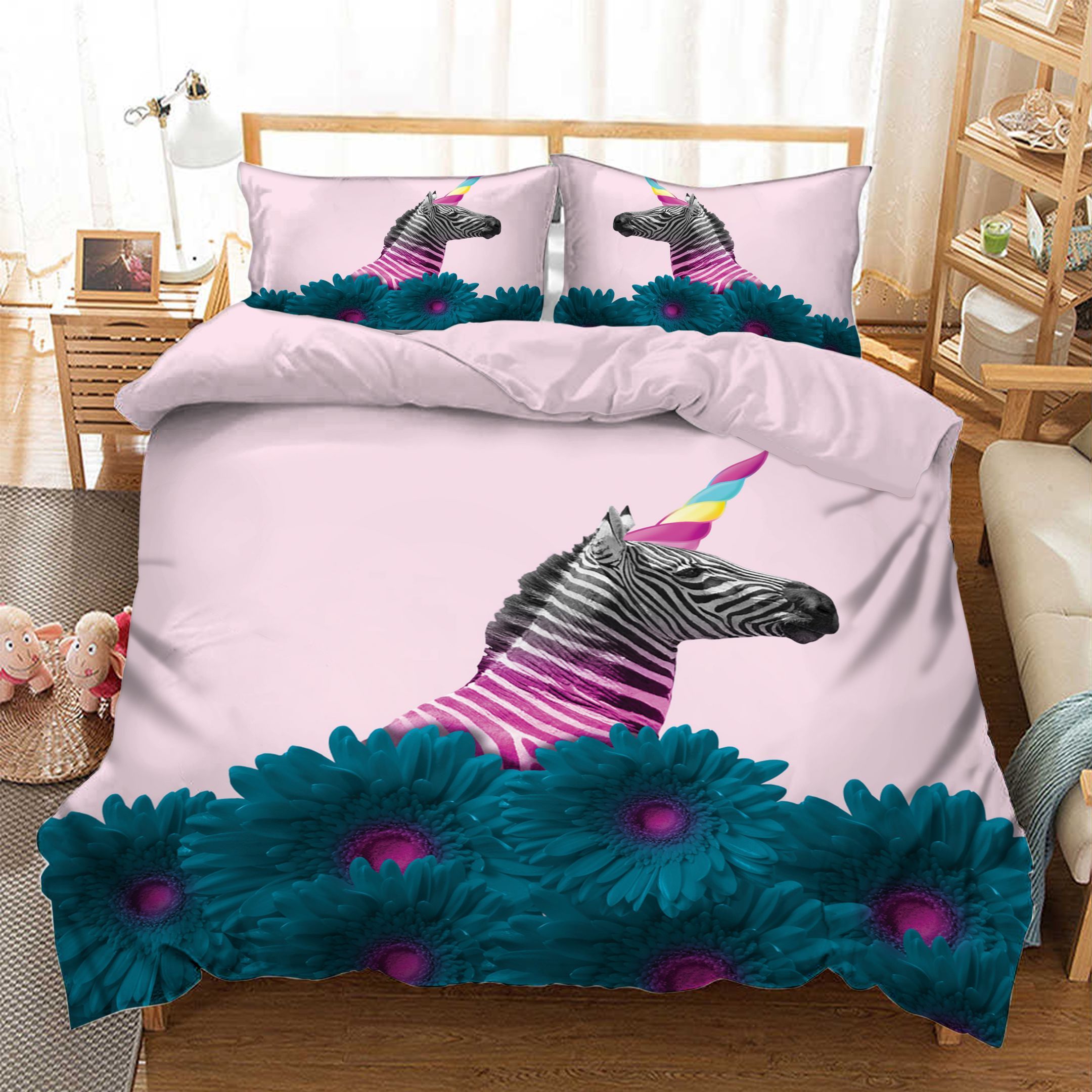 Zebra Unicorn Flowers  Bedding Set