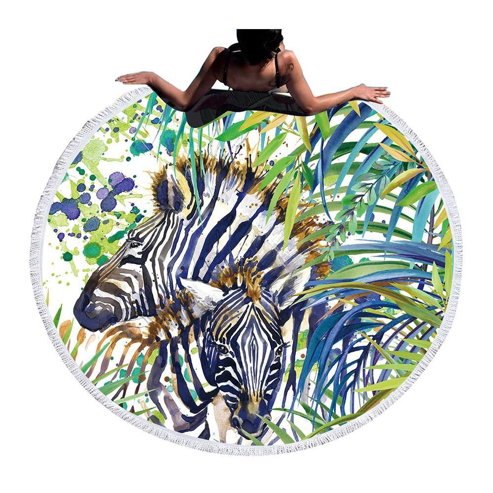 Zebra Watercolor With Tropical Leaves Printed Round Beach Towel