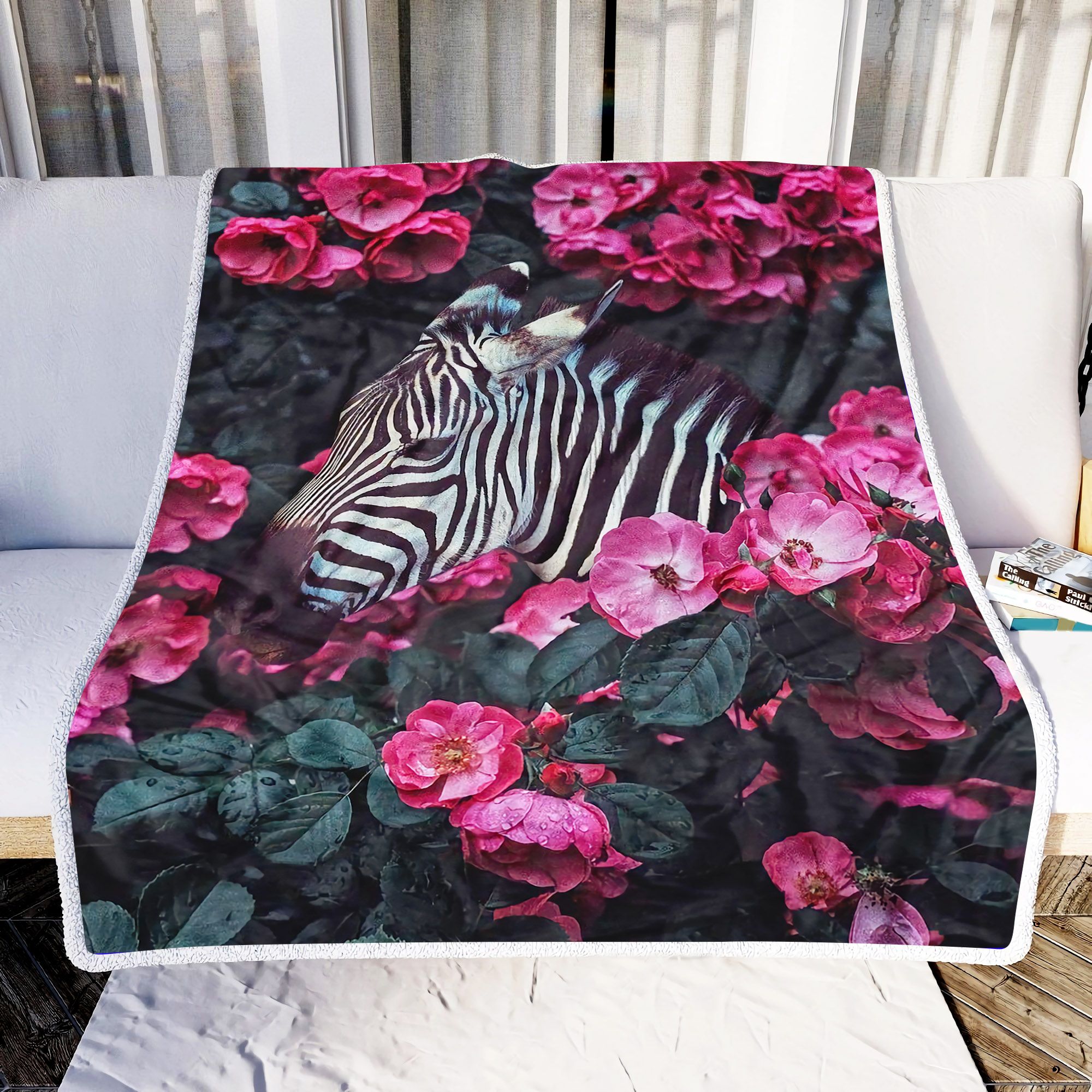Zebra With Pink Flowers Fleece Blanket