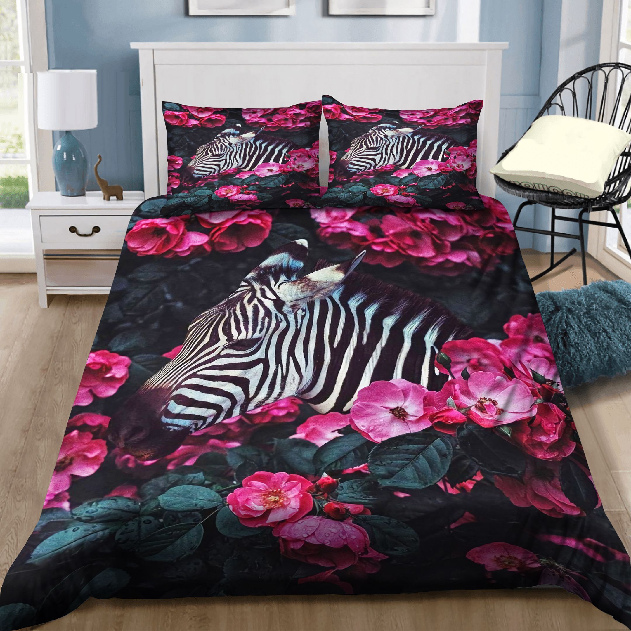Zebra With Pink Flowers Bedding Set