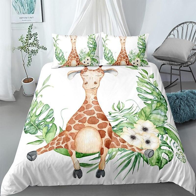 Zen Giraffe Green Tropical Leaf Bedding Set