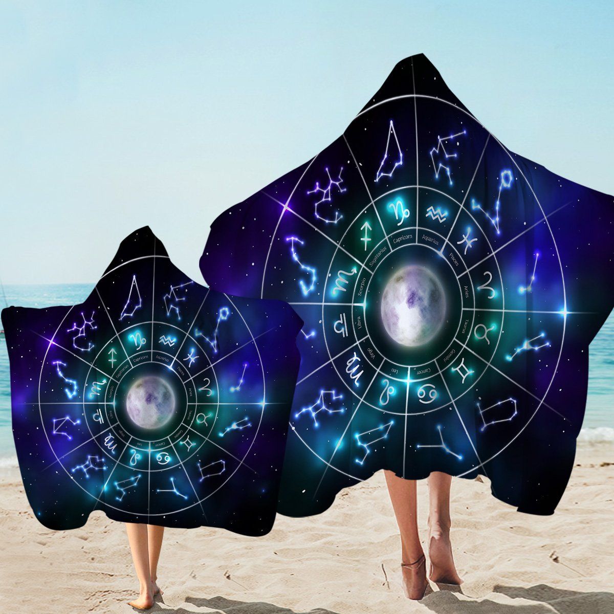 Zodiac Signs Space Blue Printed Hooded Towel