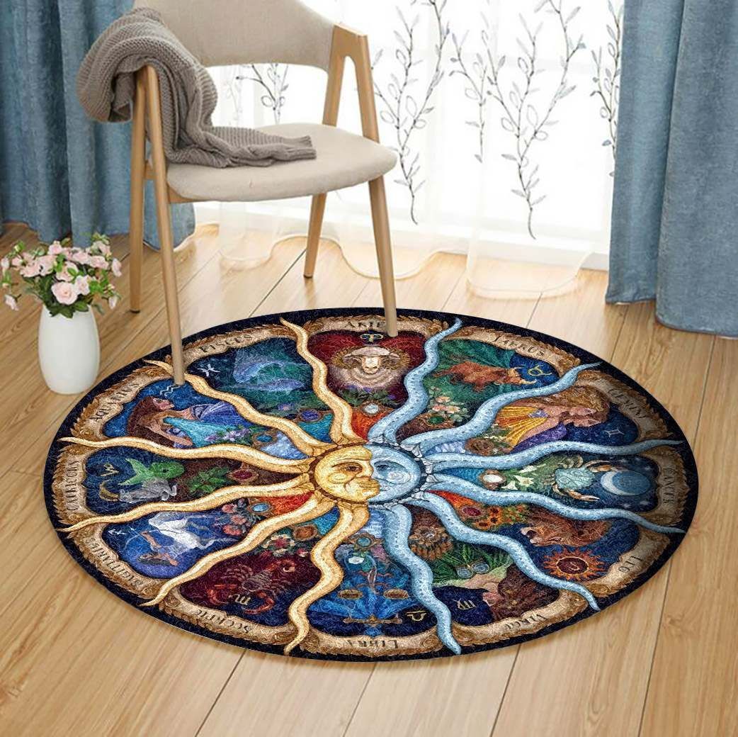 Zodiac Sun And Moon Ancient Round Carpet